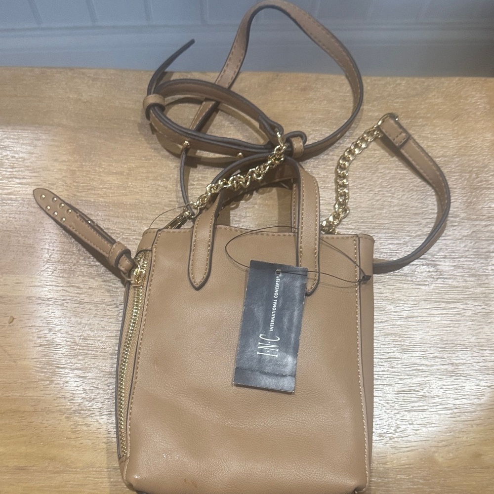 INC International Concepts Tan Crossbody Bag with Gold Chain